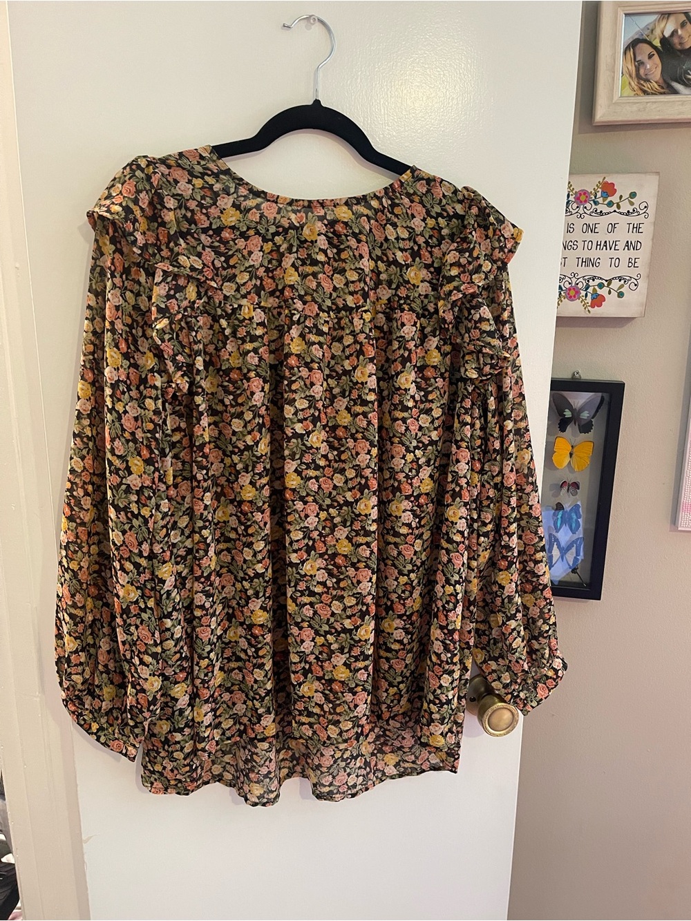 Black Floral Ruffle-Yoke Peasant Blouse - Picture 1 of 6